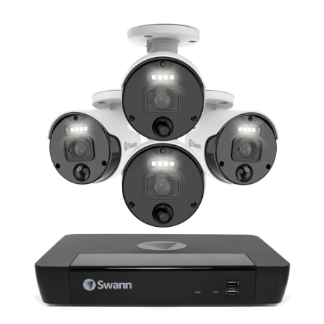 Swann 8 Channel Security System: 4K Super HD NVR-8580 with 2TB HDD & 4 x 4K Upscale NHD-875WLB Bullet Cameras